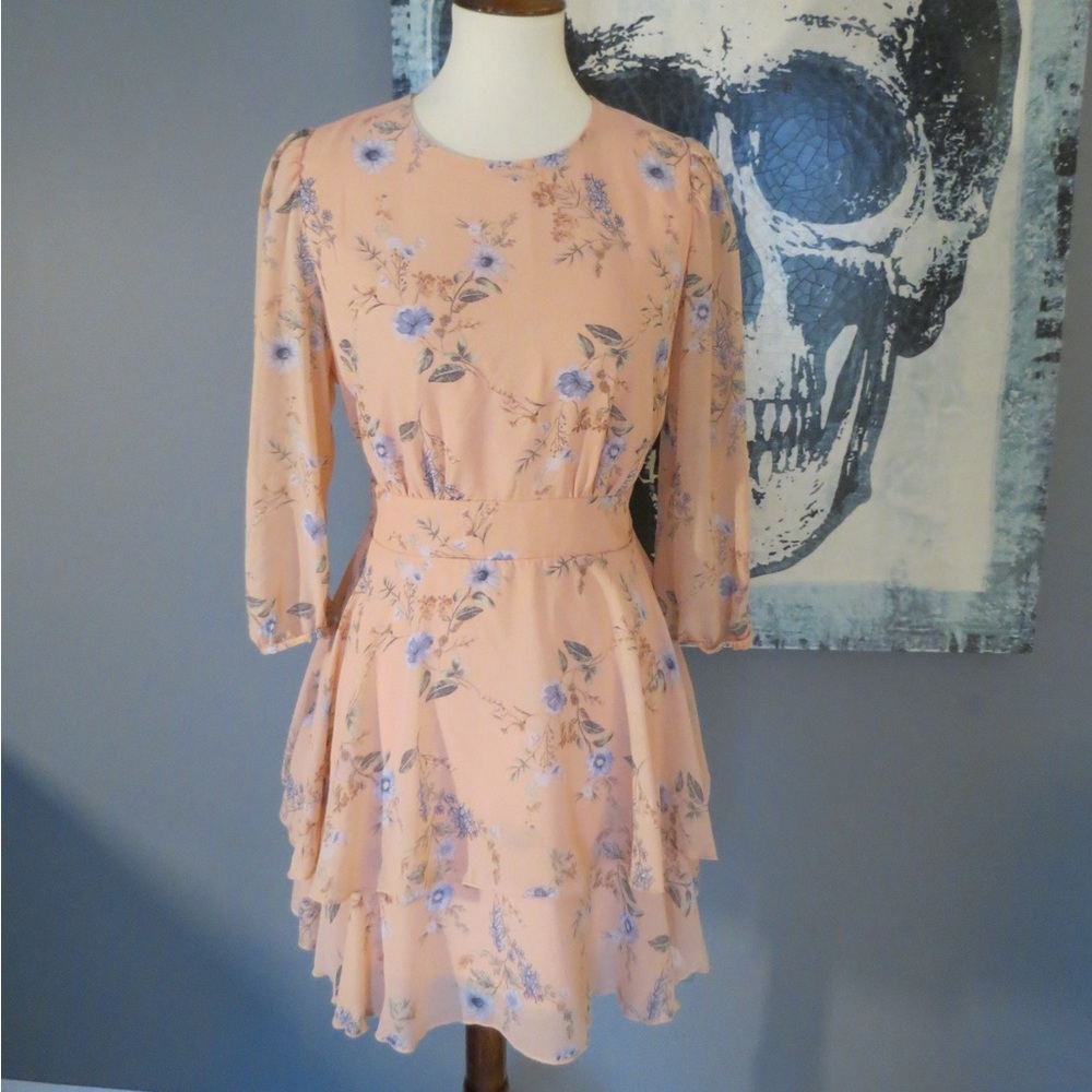 Floral Peach Dress with Blue Accents